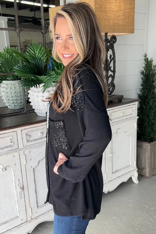 Black Sequin Patch Chest Pocket Corded Shacket - Chic Meadow Boutique