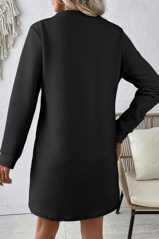 Black Solid Color Textured Long Sleeve Shift Dress - Chic Meadow Boutique