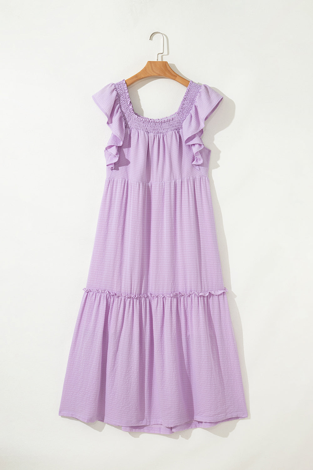 Purple Ruffled Flutter Sleeve Square Neck Textured Tiered Maxi Dress