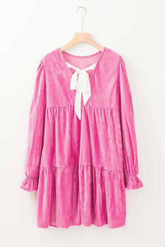 Dresses/Mini Dresses Strawberry Pink Flounce Sleeve Tiered Ruffled Velvet Mini Dress