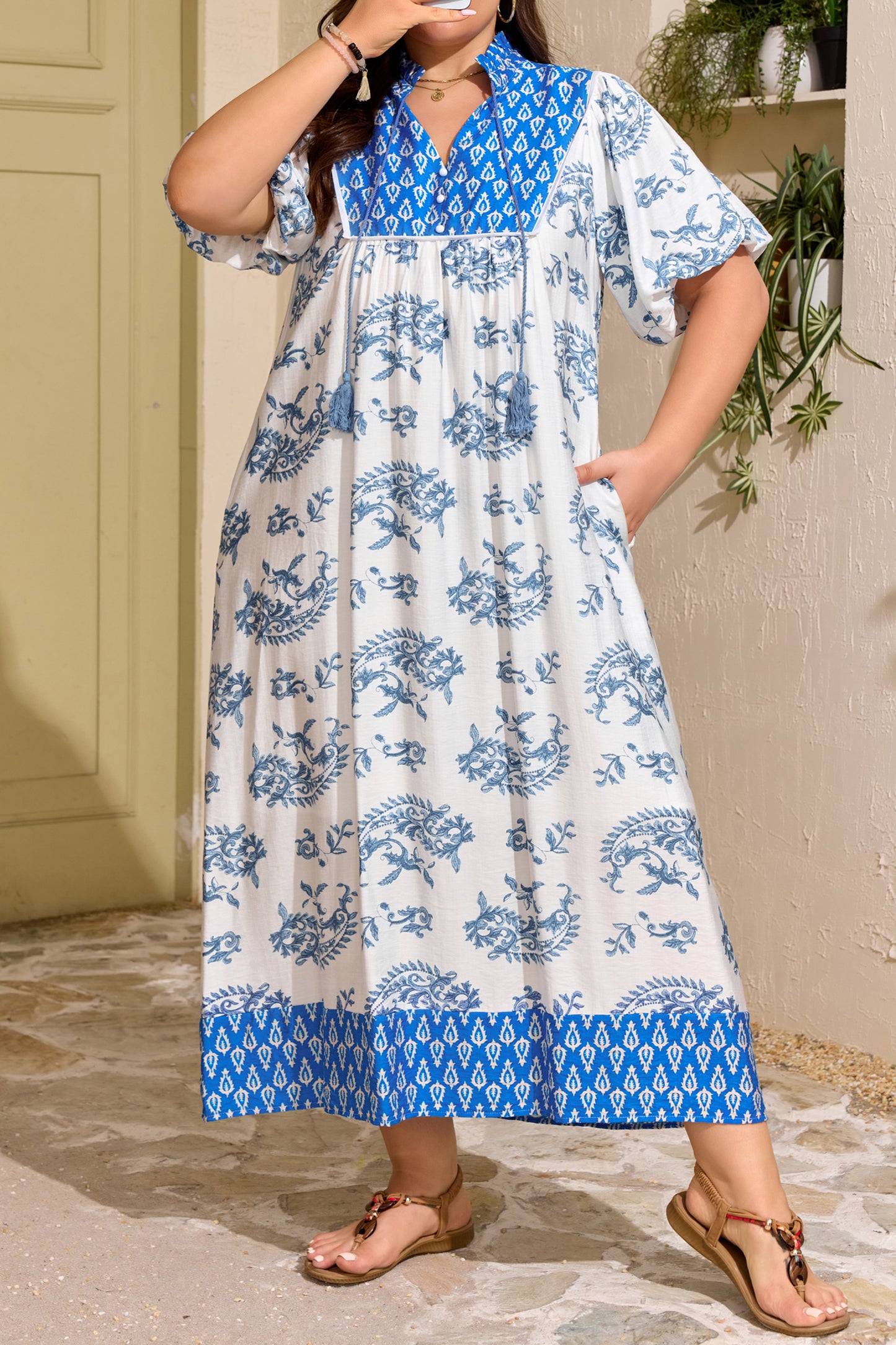Sky Blue Plus Size Floral Print Contrast Boho Patchwork V Neck Loose Midi Dress