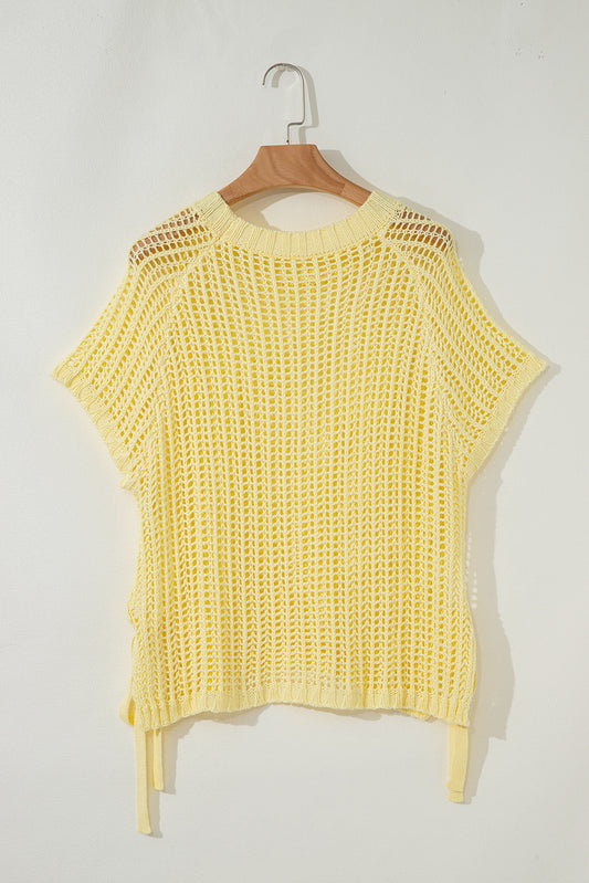 Yellow Cream Hollow-out Crochet Side Tied Short Sleeve Sweater
