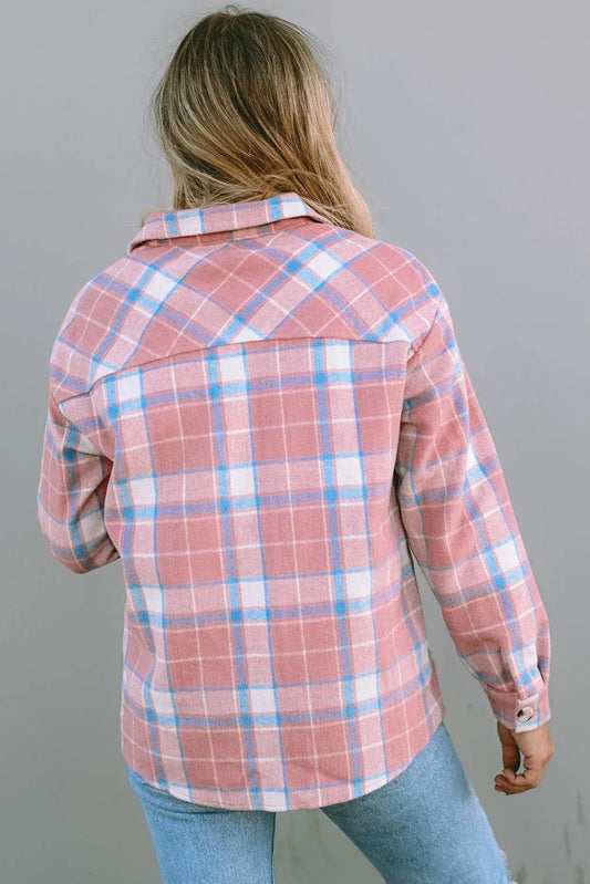 Outerwear/Jackets Pink Plaid Flap Pocket Flannel Shacket