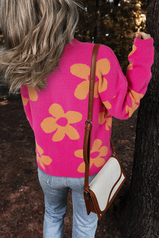 Rose Big Flower Pattern Mock Neck Long Sleeve Sweater - Chic Meadow Boutique