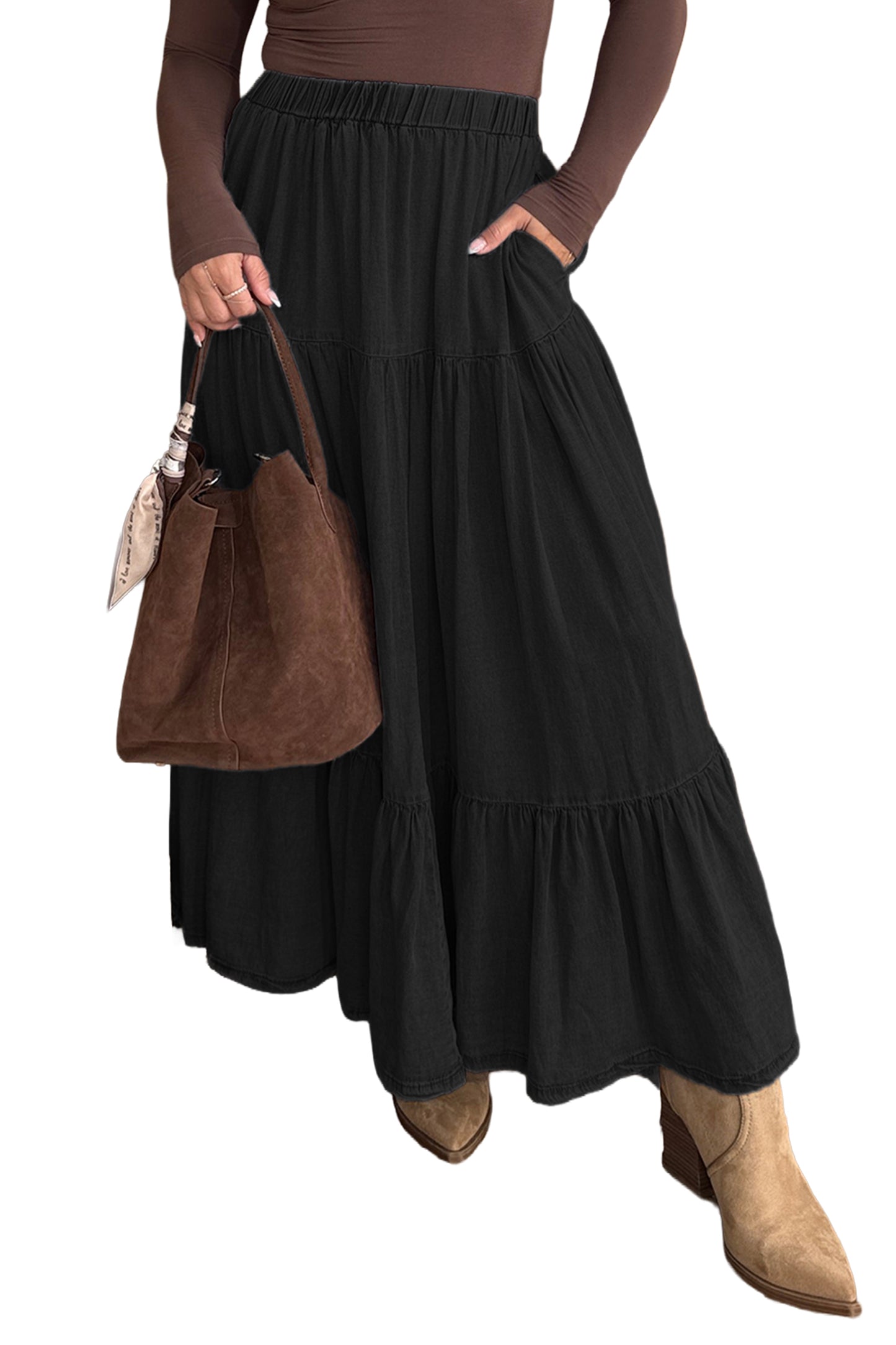Black Elastic Waist Ruffled Tiered Flared Denim Maxi Skirt