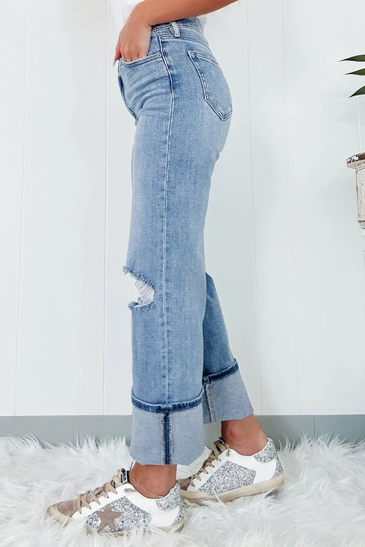 Dusk Blue High Rise Asymmetric Button Zip Fly Ripped Jeans - Chic Meadow Boutique