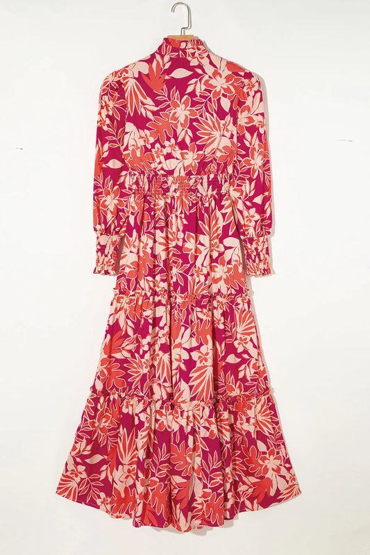 Rose Floral Print Buttoned Smocked High Waist Maxi Dress - Chic Meadow Boutique