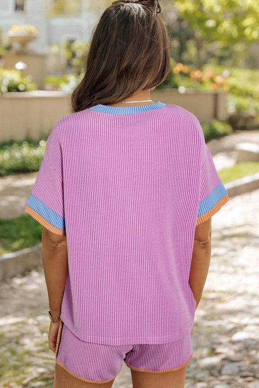 Two Piece Sets/Short Sets Phalaenopsis Contrast Trim Corded Texture Short 2pcs Set