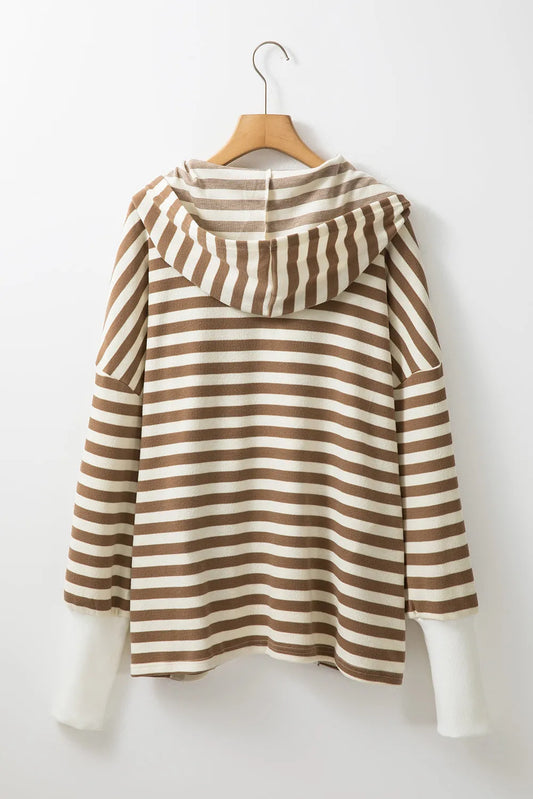 Brown Stripe Quarter Buttons Drop Sleeve Plus Size Hoodie - Chic Meadow Boutique