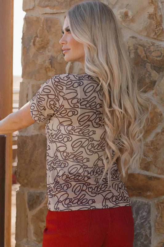 Brown Rodeo Print Round Neck Slim Fit Mesh T Shirt