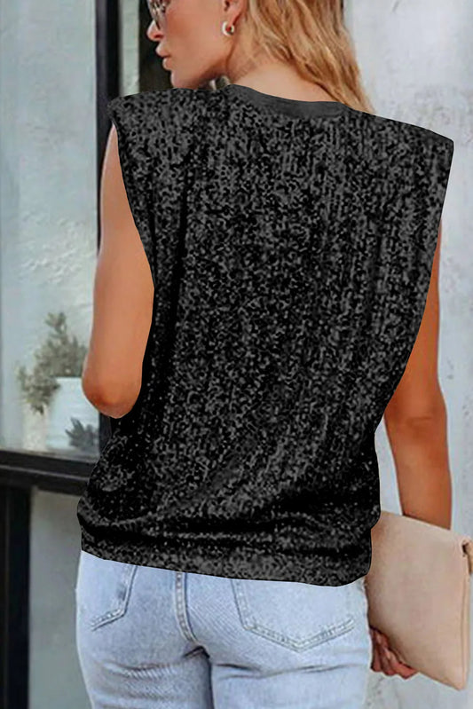 Black Apricot Sequin Round Neck Tank Top - Chic Meadow Boutique