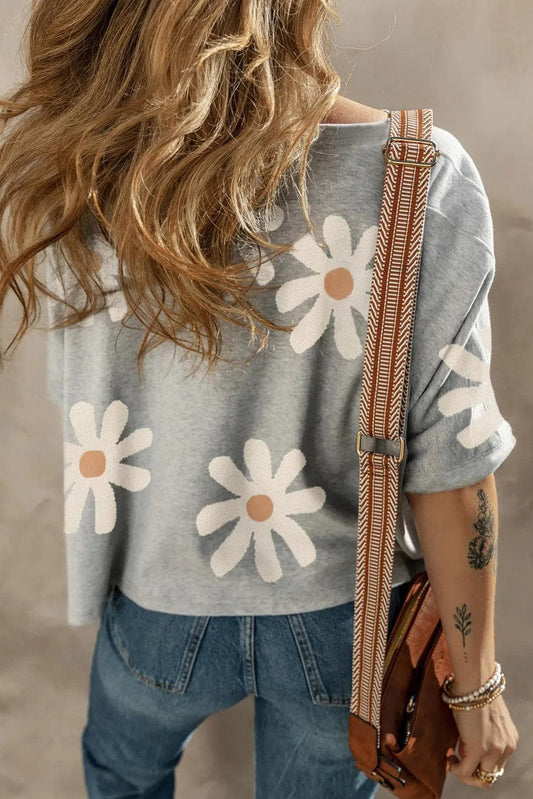 Tops/Tops & Tees Gray Daisy Flower Printed Casual T Shirt