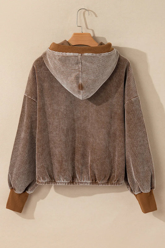 Chestnut Half Zipper Kangaroo Pocket Drawstring Corduroy Hoodie - Chic Meadow Boutique