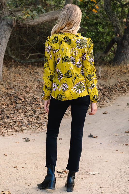 Yellow Vintage Floral V Neck Ruffle Trim Long Sleeve Blouse