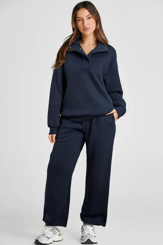 Activewear/Activewear Sets Navy Blue Solid Color Collared Sweatshirt and High Waist Pants Set
