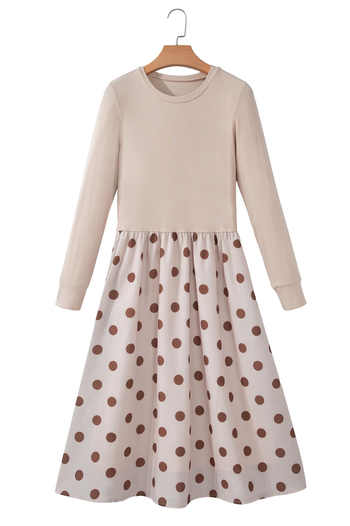 Beige Polka Dot Midi Long Sleeve Dress