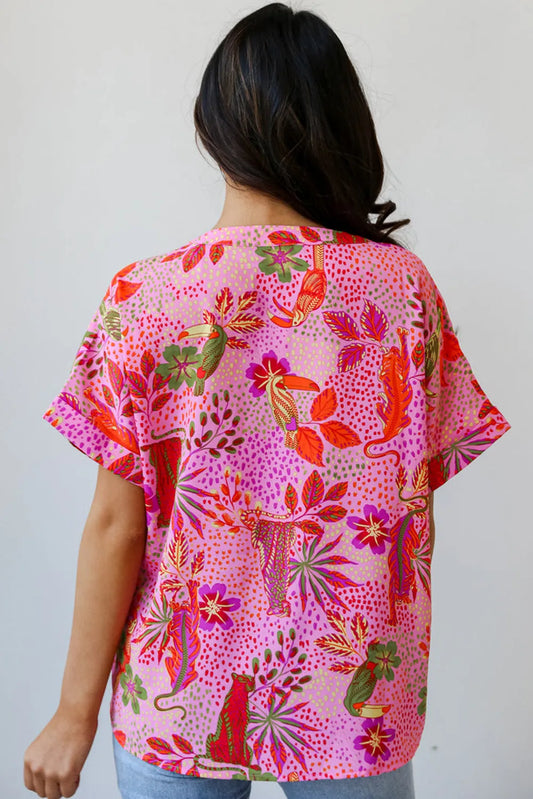 Rose Jungle Floral Print Notch V Neck Blouse - Chic Meadow Boutique