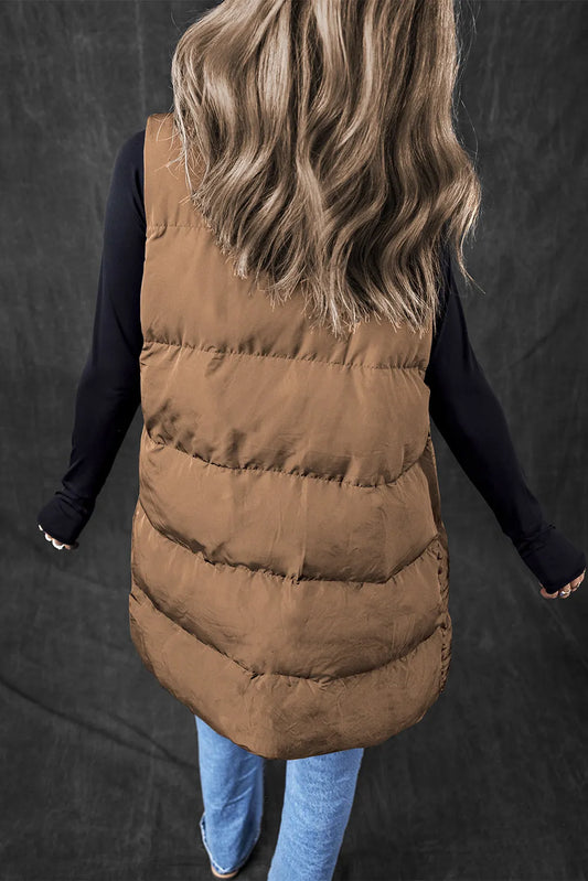 Coffee Windproof Longline Full Zipper Puffer Vest with Pockets - Chic Meadow Boutique