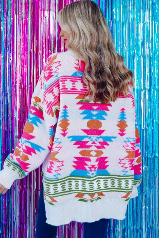 Sweaters & Cardigans/Sweaters White Oversize Aztec Print High Low V Neck Sweater