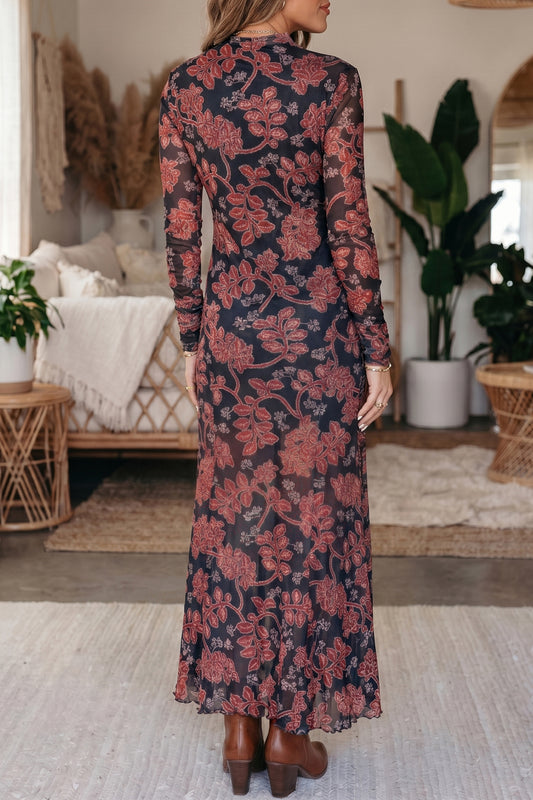 Black Retro Floral Print Long Sleeve Casual Mesh Dress