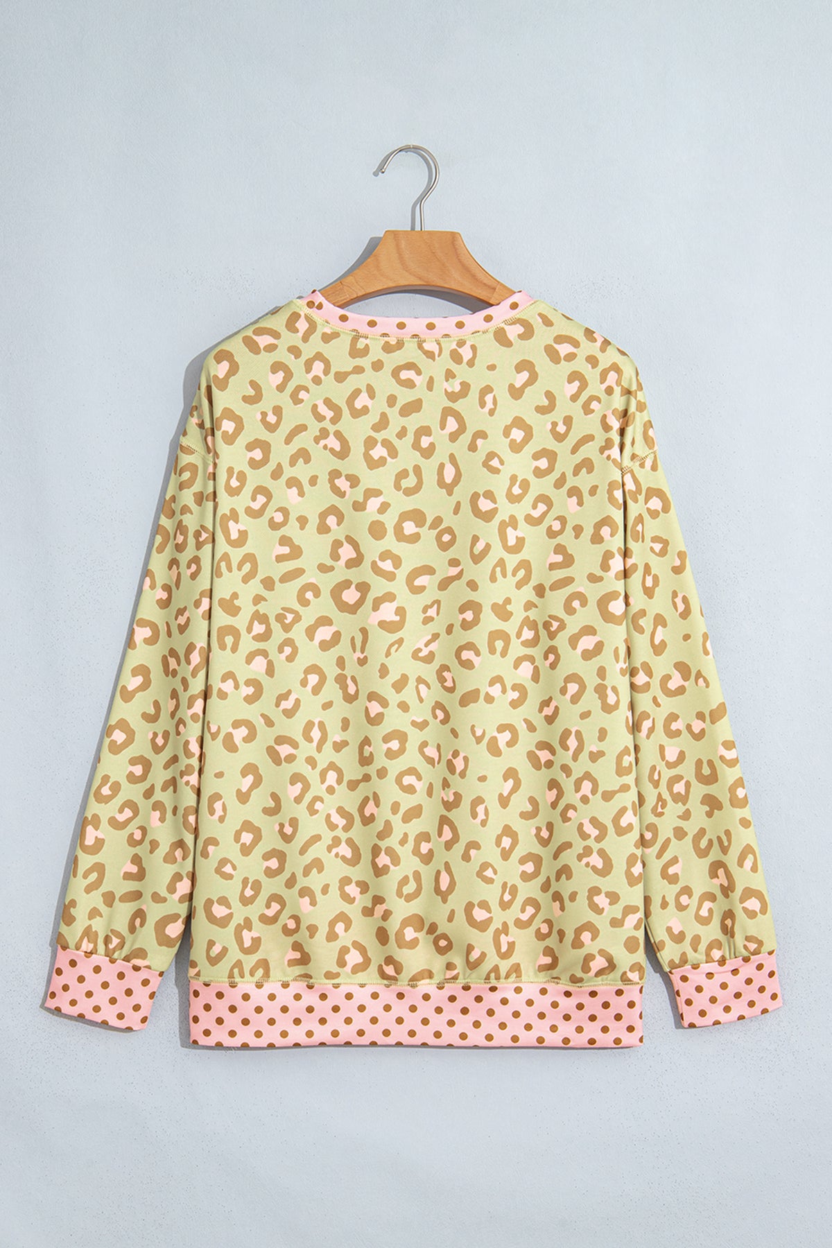 Khaki Leopard Polka Dot Colorblock Trim Long Sleeve Top