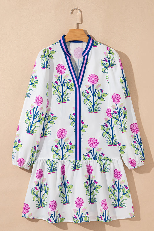 White Floral Print Contrast Striped Trim Notched Neck Long Sleeve Dress