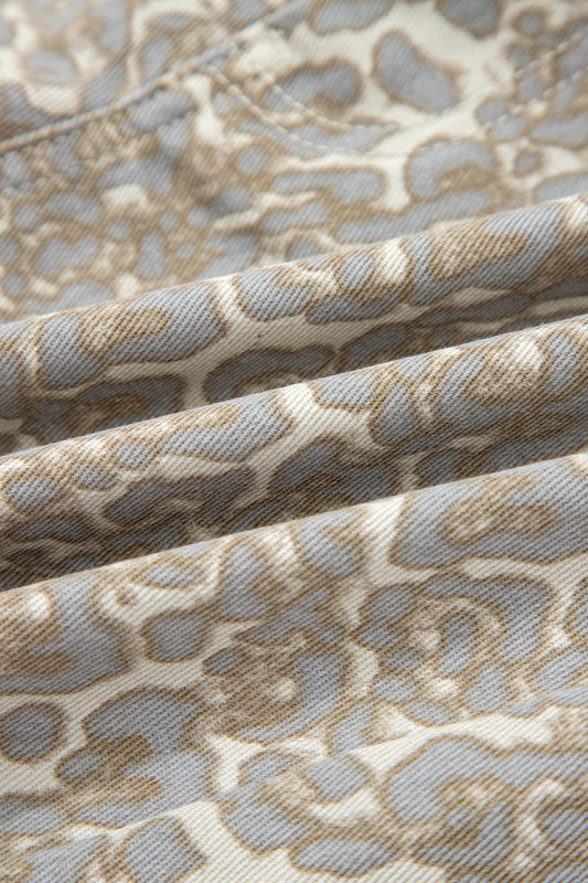 Khaki Raw Edge Leopard Print Denim Shorts