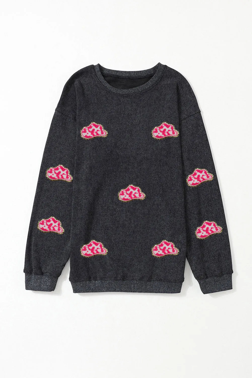 Black Glittering Cowboy Hat Patched Corded Pullover Sweatshirt - Chic Meadow Boutique