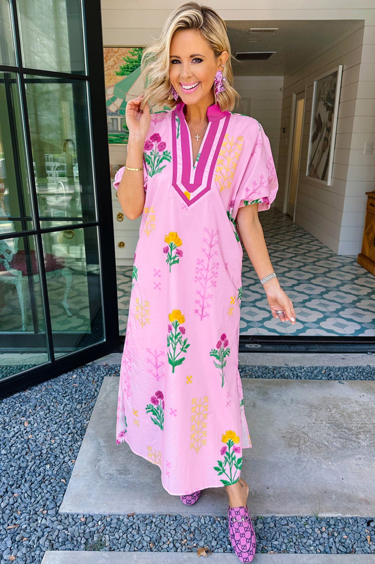 Pink Floral Print Short Sleeve Colorblcok Trim V Neck Midi Dress