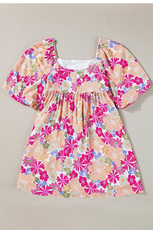 Rose Summer Floral Square Neck Puff Sleeve Babydoll Dress - Chic Meadow Boutique