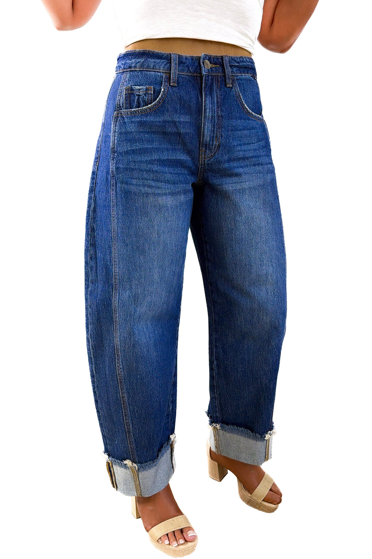 Sail Blue Raw Hem Turnup Loose Ankle-length Jeans