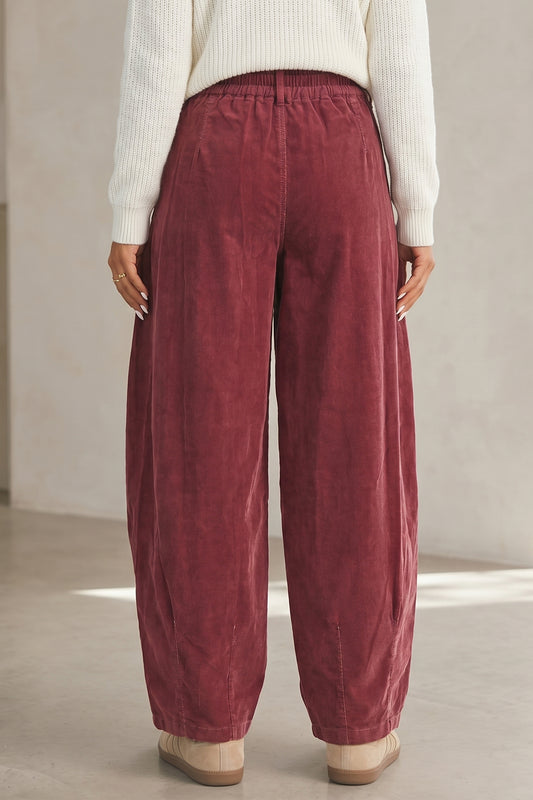 Racing Red Elastic Waist Drawstring Corduroy Casual Pants