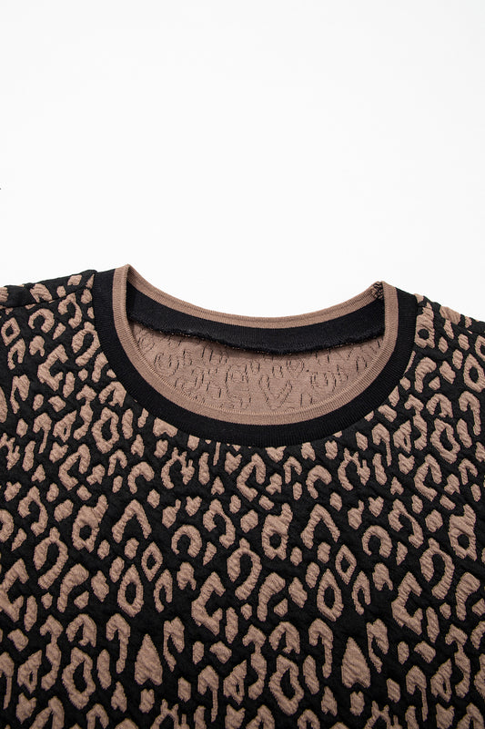 Black Leopard Print Puffy Bracelet Sleeve Contrast Trim Round Neck Top