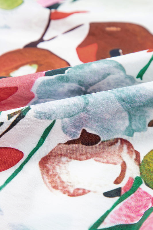 Pink Floral Print Slit V Neck Short Sleeve Blouse