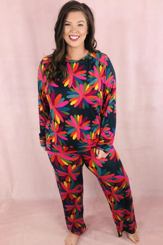 Black Plus Size Printed Long Sleeve and Pants Lounge Set - Chic Meadow Boutique
