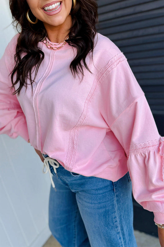 Pink Solid Color Raw Seam Lace Detail Loose Casual Sweatshirt