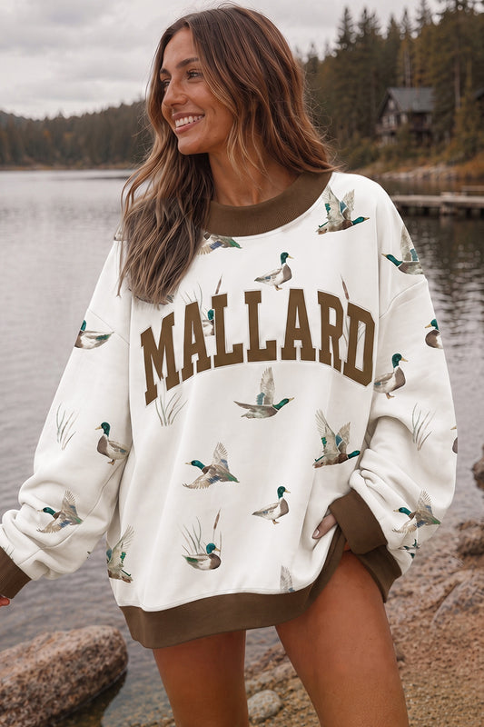 Beige Western Mallard Letter Print Baggy Pullover Sweatshirt
