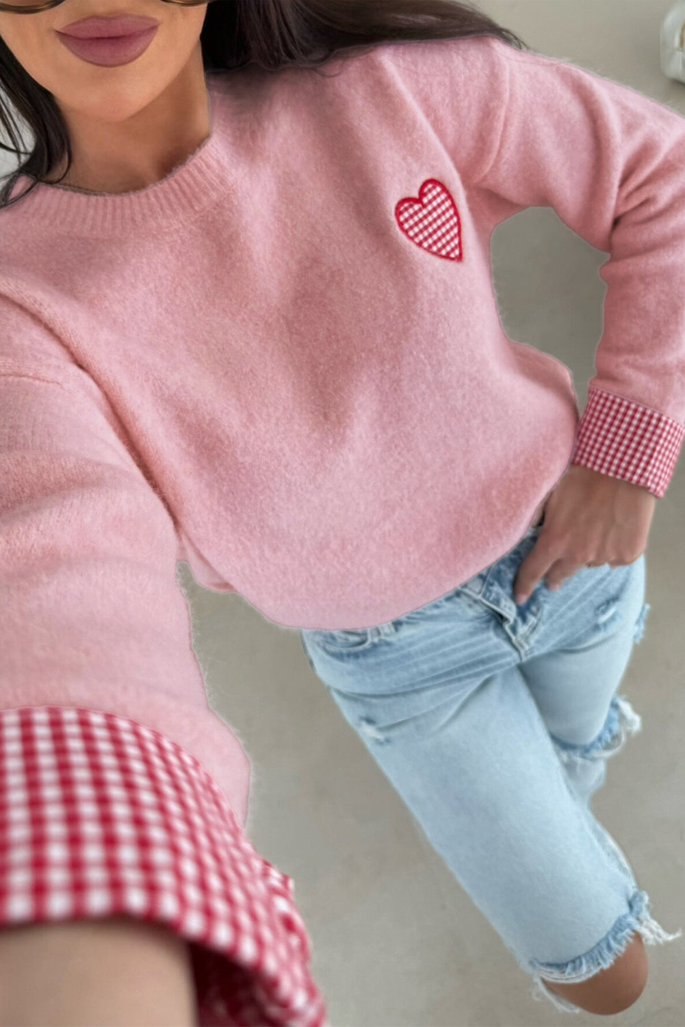Light Pink Plaid Heart Embroidered Cuffed Drop Shoulder Crew Neck Sweater
