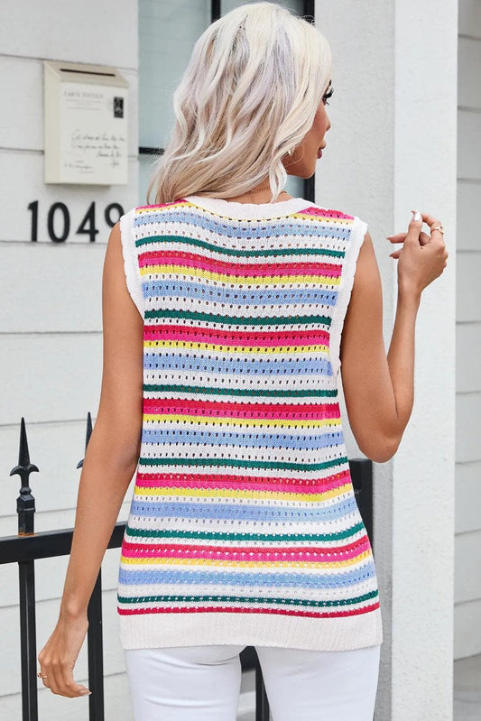 Tops/Sweater Vests White Colorful Stripe Scalloped Trim Sweater Vest