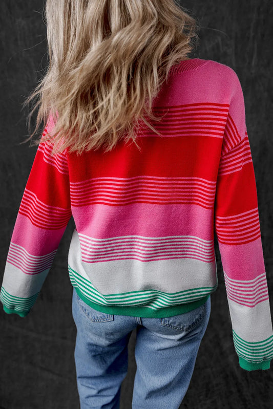 Rose Striped Knit Patch Pocket Drop Shoulder Sweater - Chic Meadow Boutique