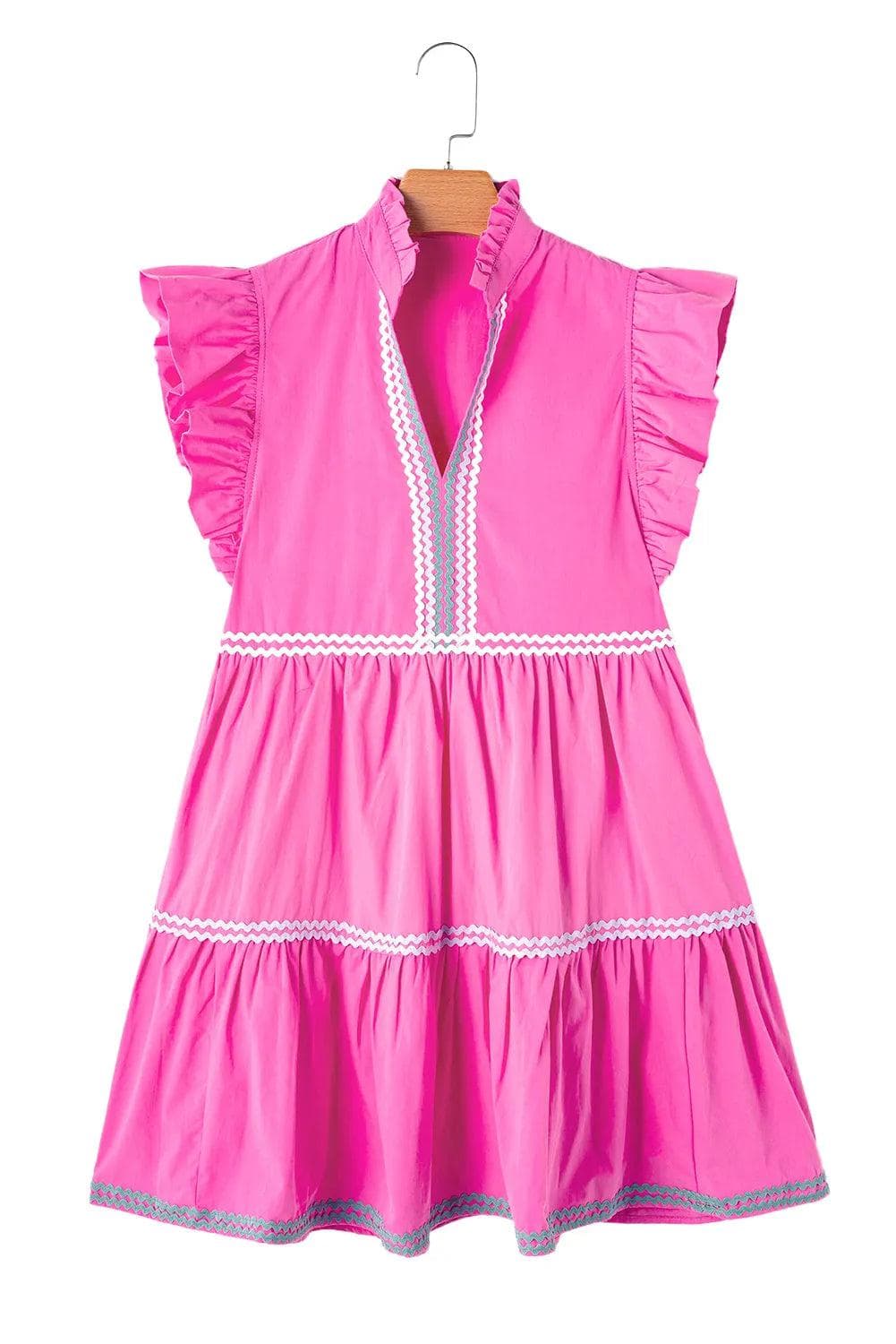 Dresses/Mini Dresses Strawberry Pink Ric Rac Colorblock Flutter Sleeve V Neck Tiered Dress