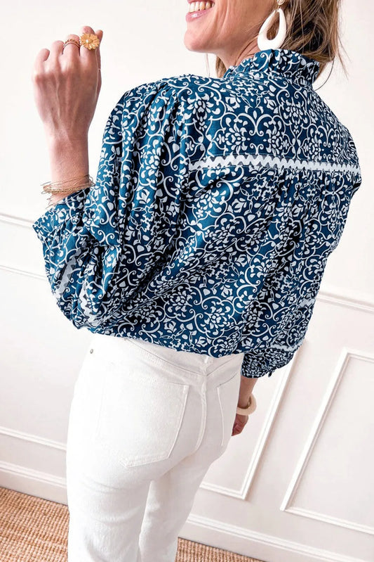 Blue Floral Ric-rac Patchwork Button Loose Fit Shirt - Chic Meadow Boutique