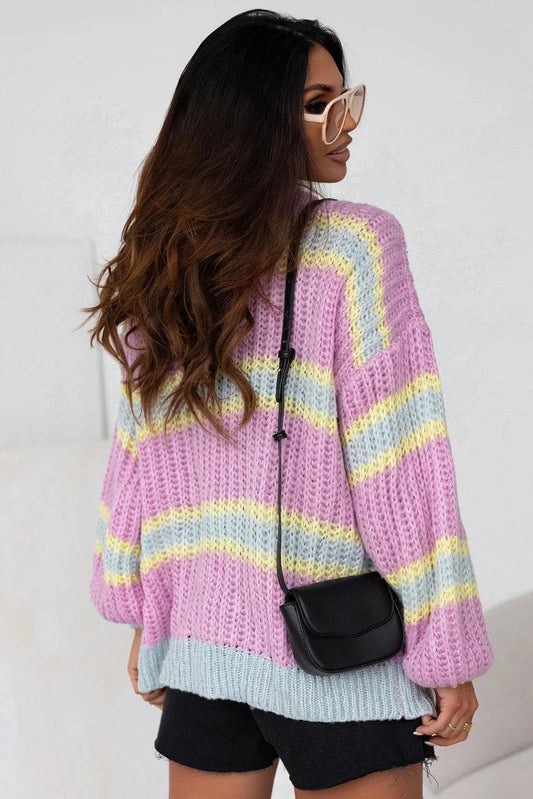 Sweaters & Cardigans/Cardigans Pink Contrast Striped Open Front Cable Cardigan