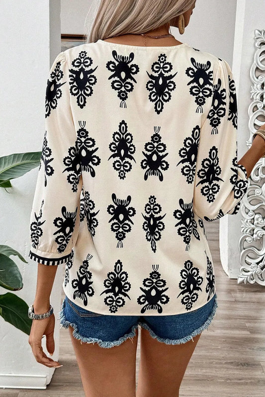 Beige Vintage Geometric Printed 3/4 Sleeve V Neck Blouse - Chic Meadow Boutique