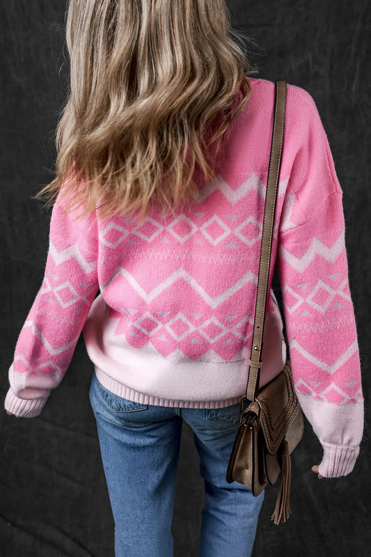 Pink Western Aztec Geometric Drop Shoulder Sweater - Chic Meadow Boutique