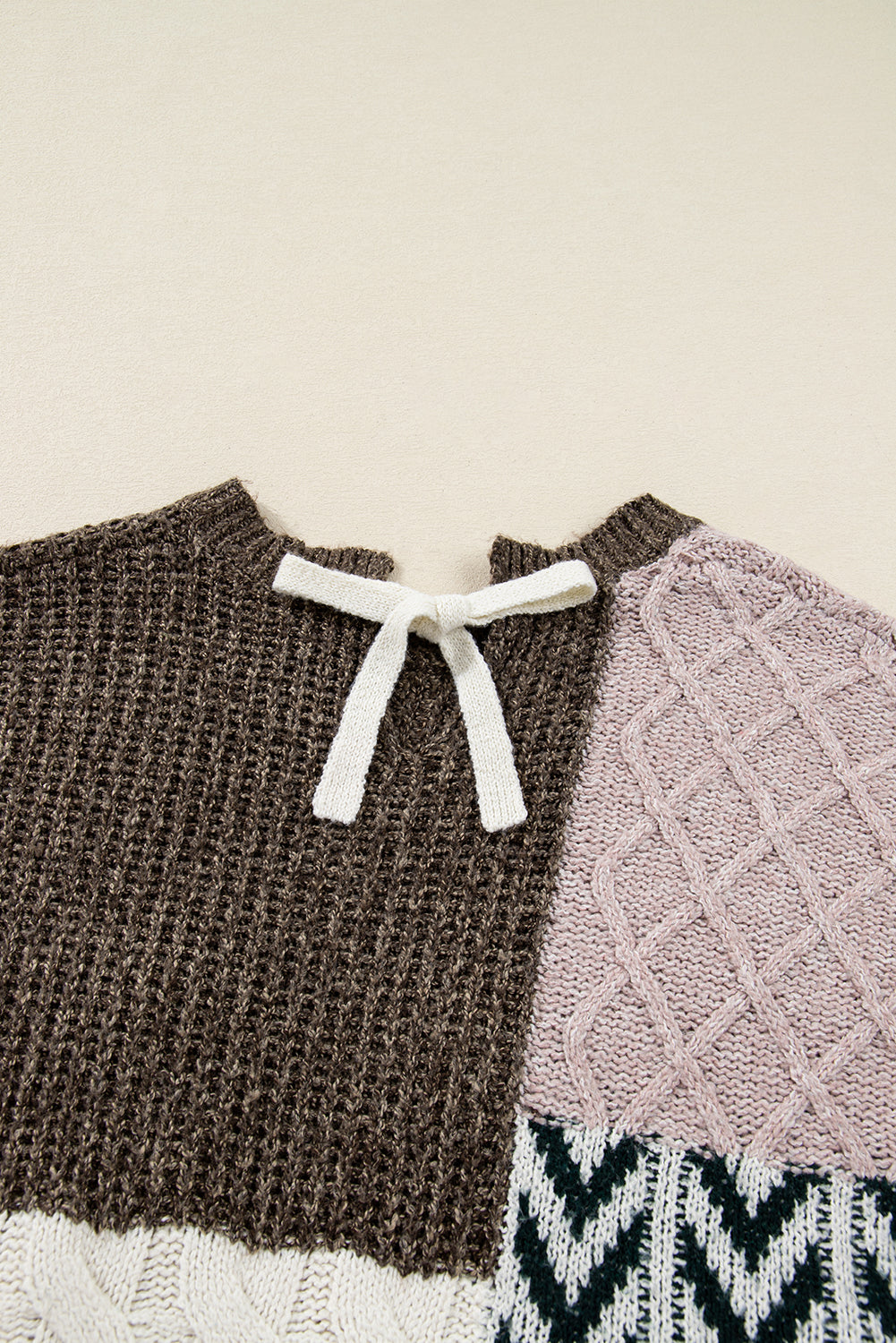 Brown Plus Size Color Block Patchwork Knotted Back Loose Fit Sweater