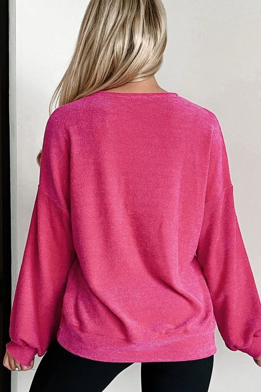 Rose Red Textured Long Sleeve V Neck Top - Chic Meadow Boutique
