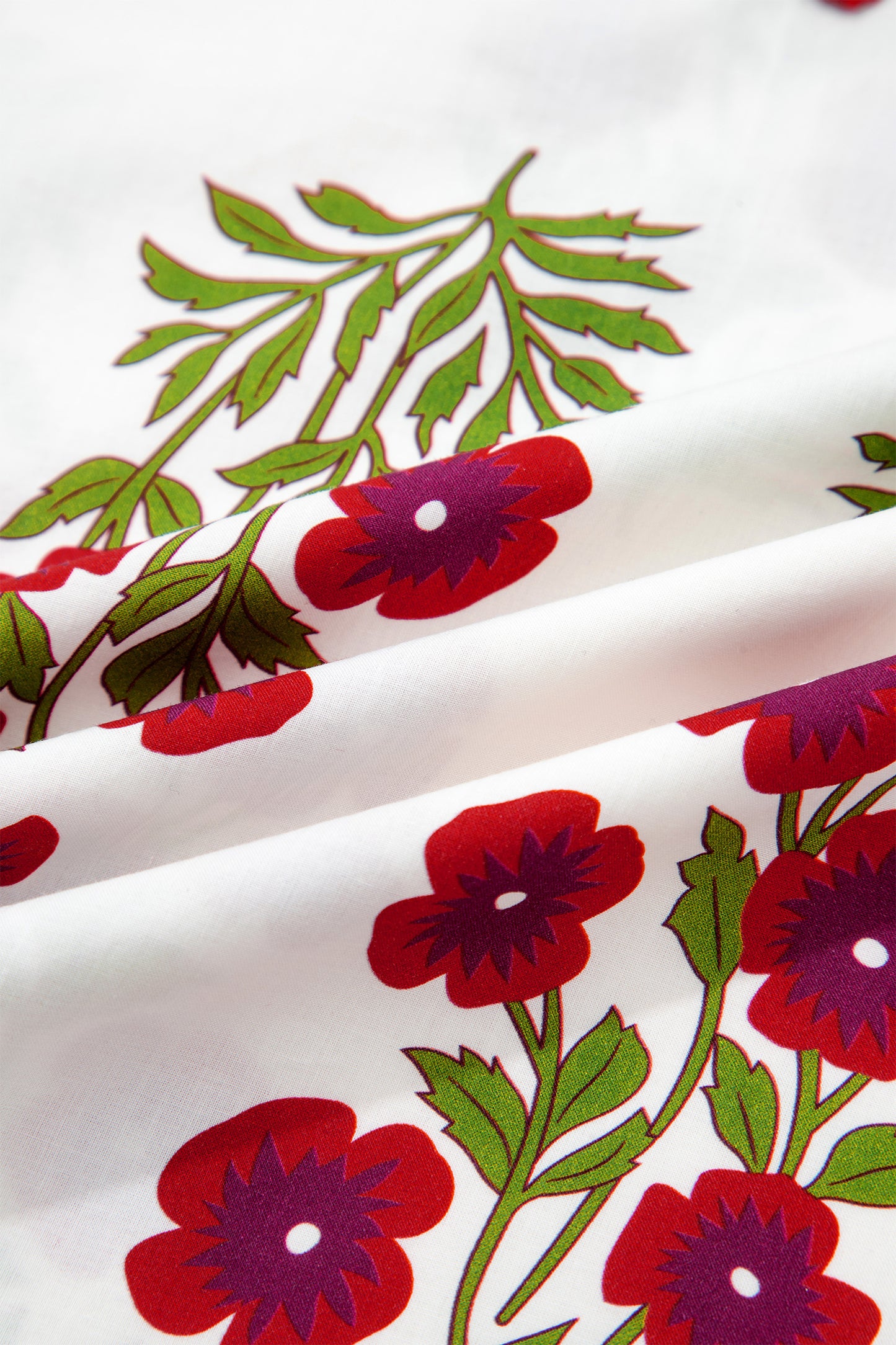 White Floral Short Bubble Sleeve Contrast Slit Neckline Blouse