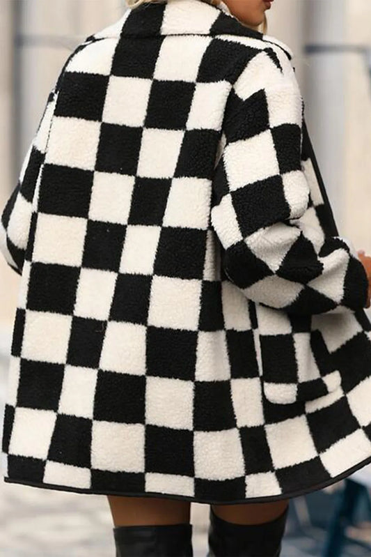 Black Checkered Side Pockets Collared Buttoned Fleece Jacket - Chic Meadow Boutique