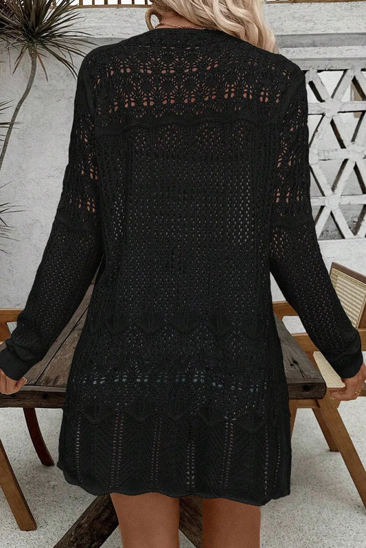 Black Crochet Hollow Out Open Front Cardigan - Chic Meadow Boutique